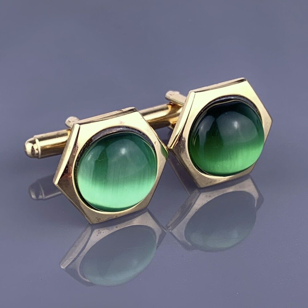 Green Round Cabochon Cufflinks Gold Tone Hexagon Simple Cats Eye Vintage